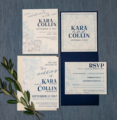 blue and white vintage floral wedding invitation
