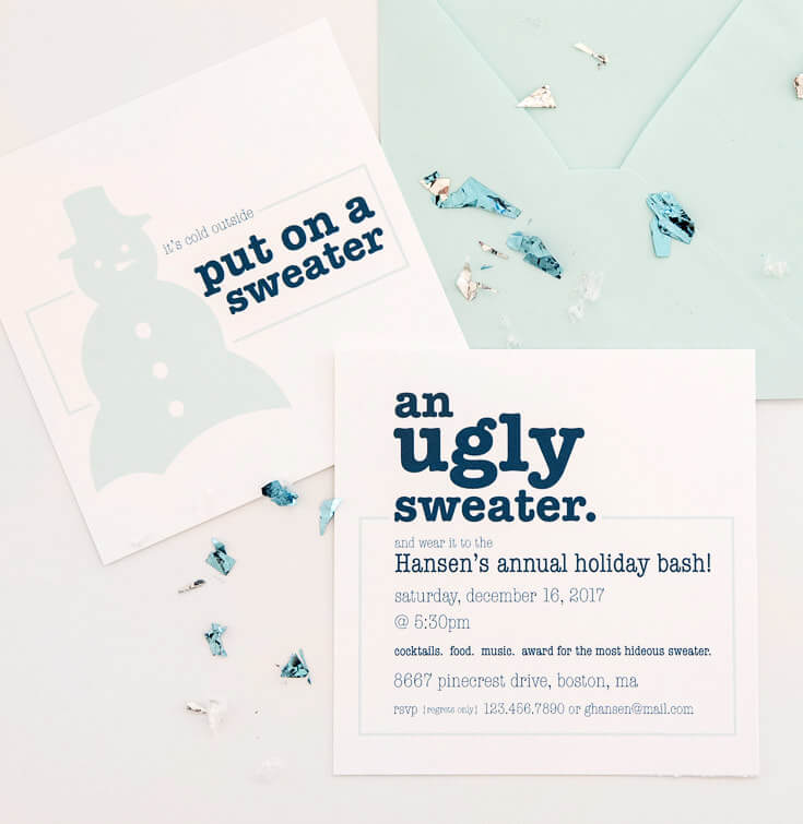 pastel blue and white ugly sweater party invitation