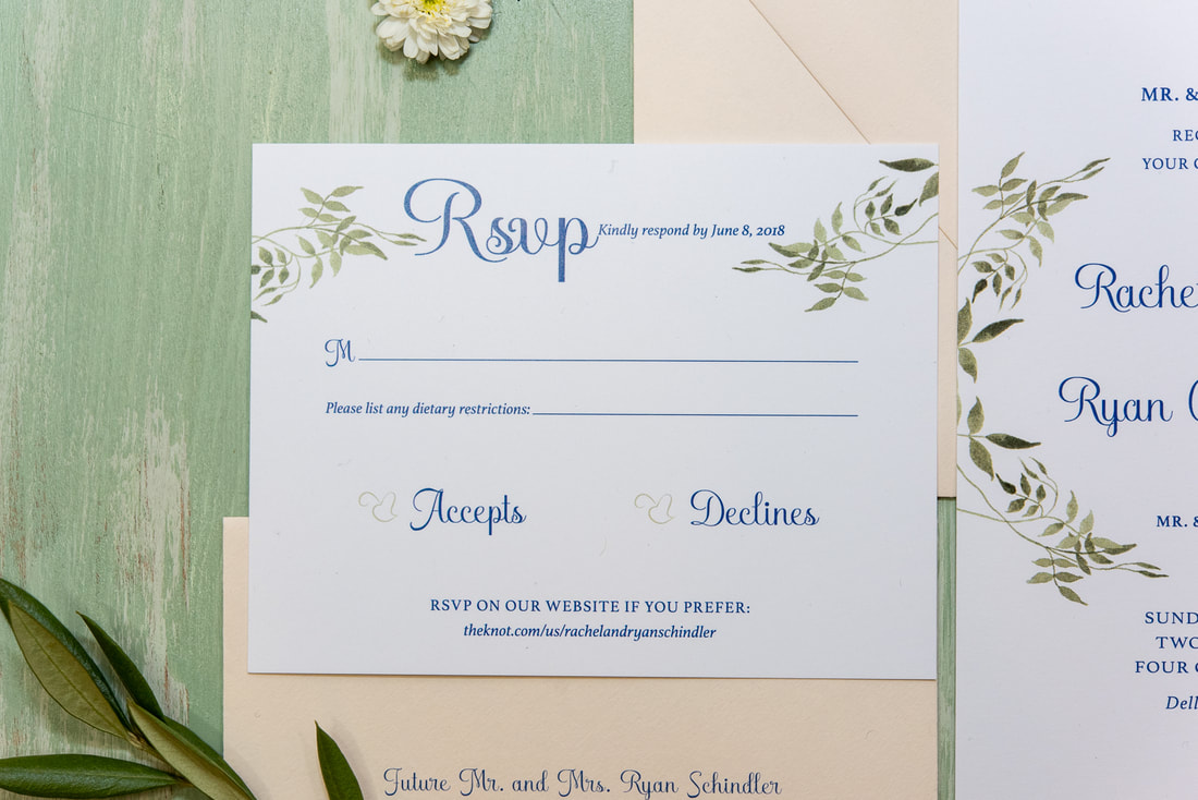 blue and green leaf wedding rsvp card