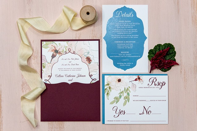 burgandy and blue wedding invitation suite