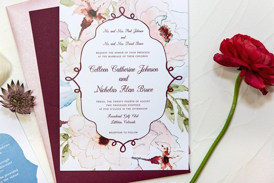 burgundy and floral wedding invitation