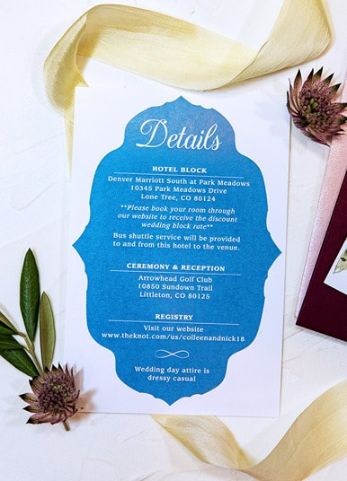 blue wedding details card