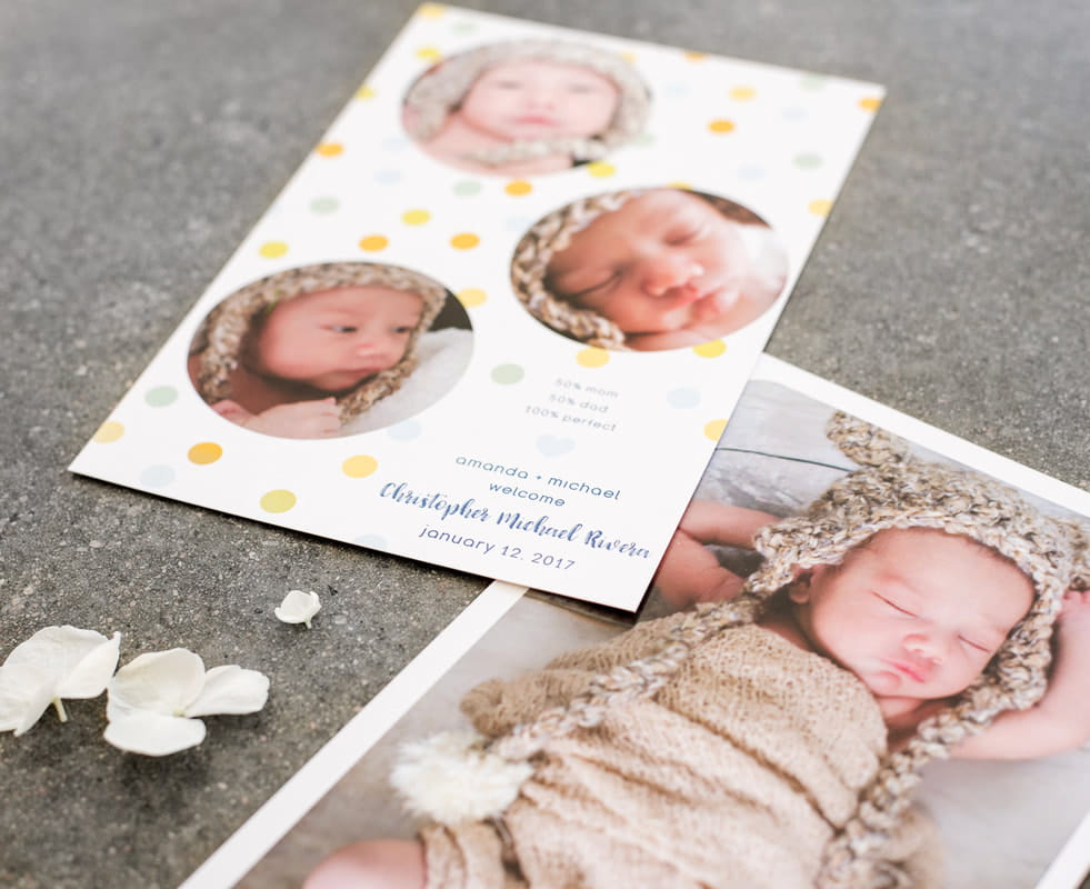 yellow gold and white polka dot birth announcement