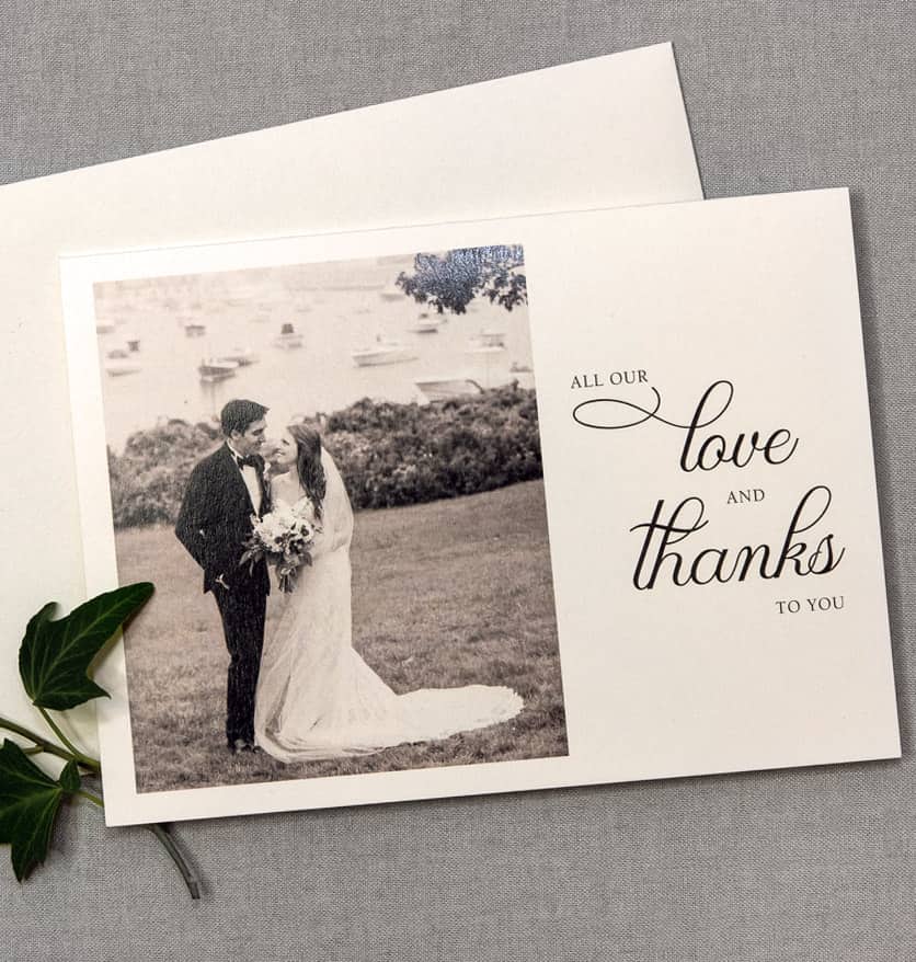 black and white bride and groom wedding thank you card