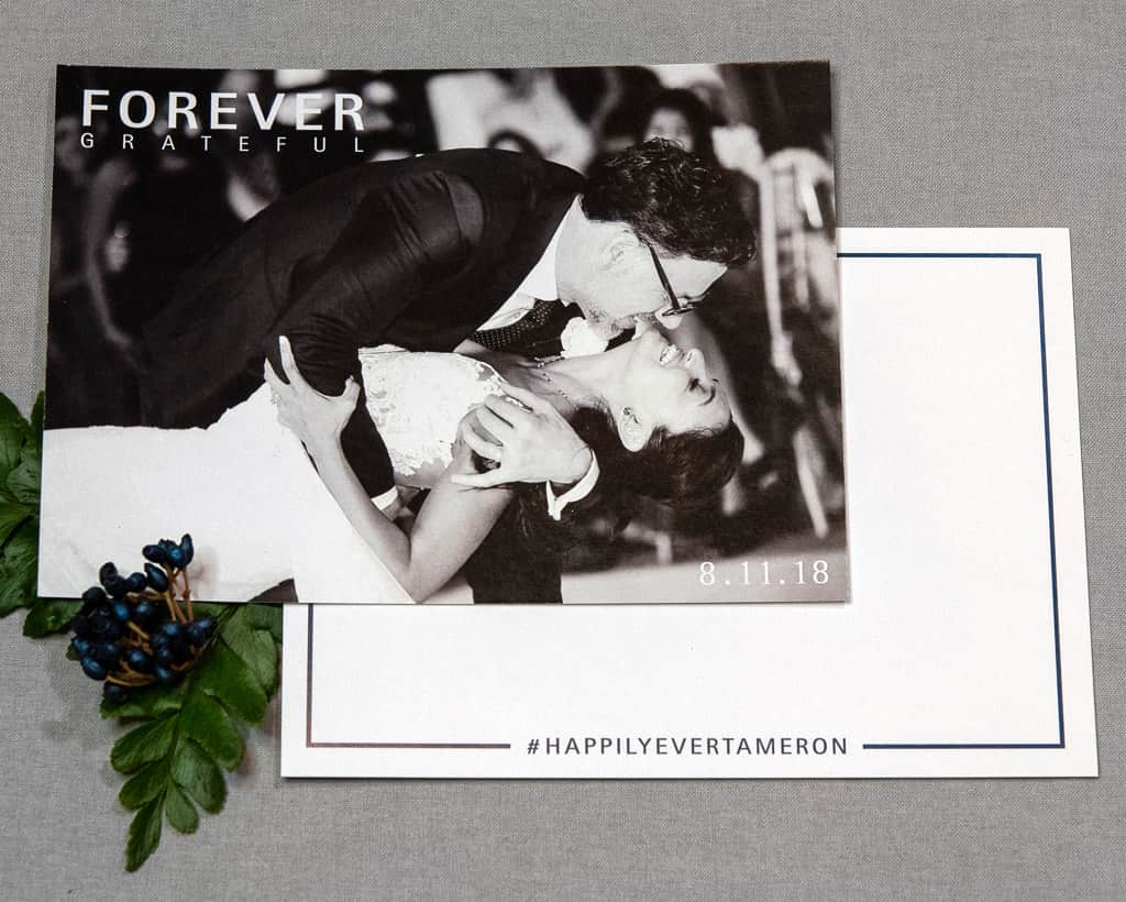 black and white image of bride and groom wedding thank you card