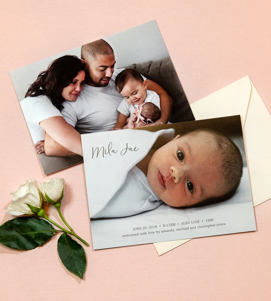 family with toddler and infant birth announcement