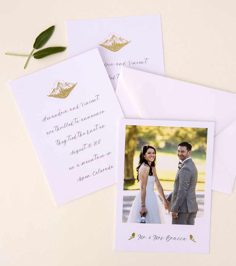 image of bride and groom with white and gold elopement announcement