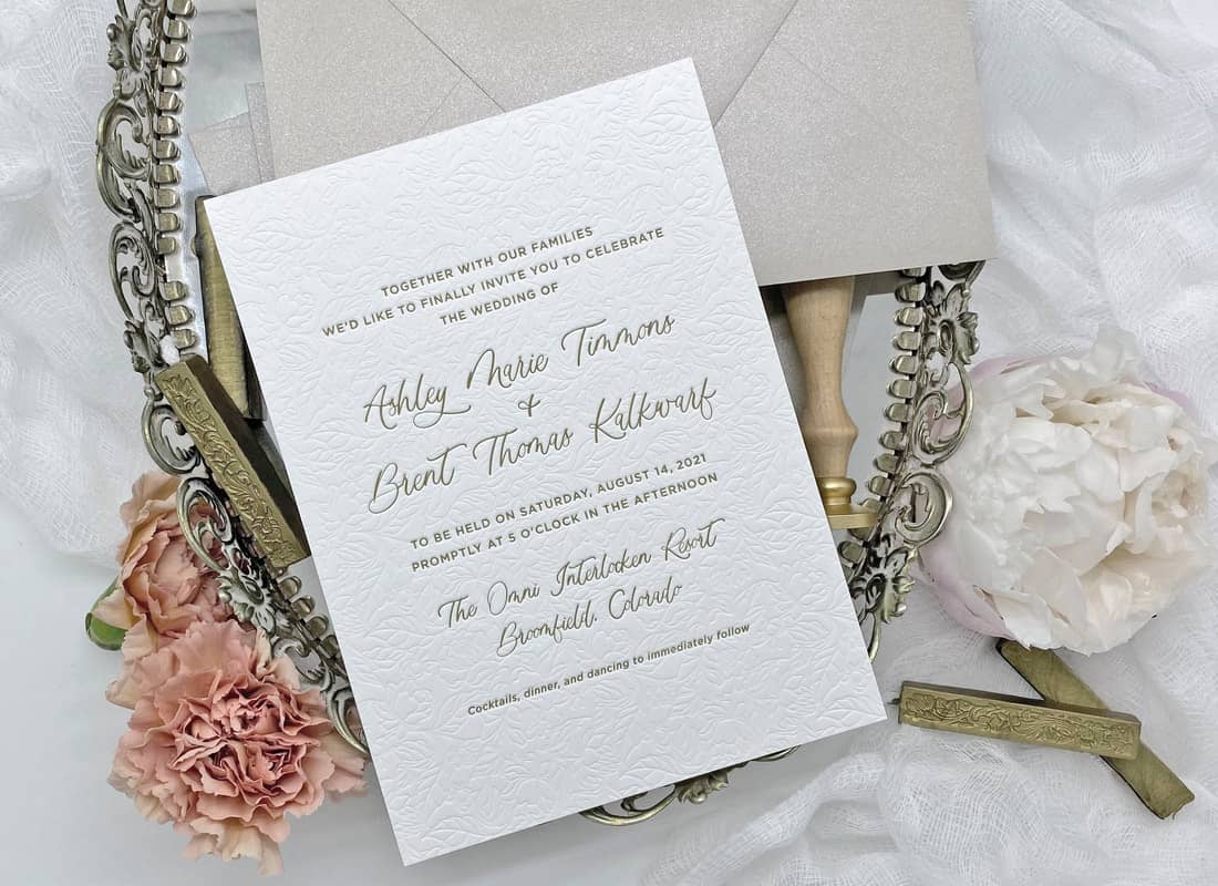 gold letterpress wedding invitation