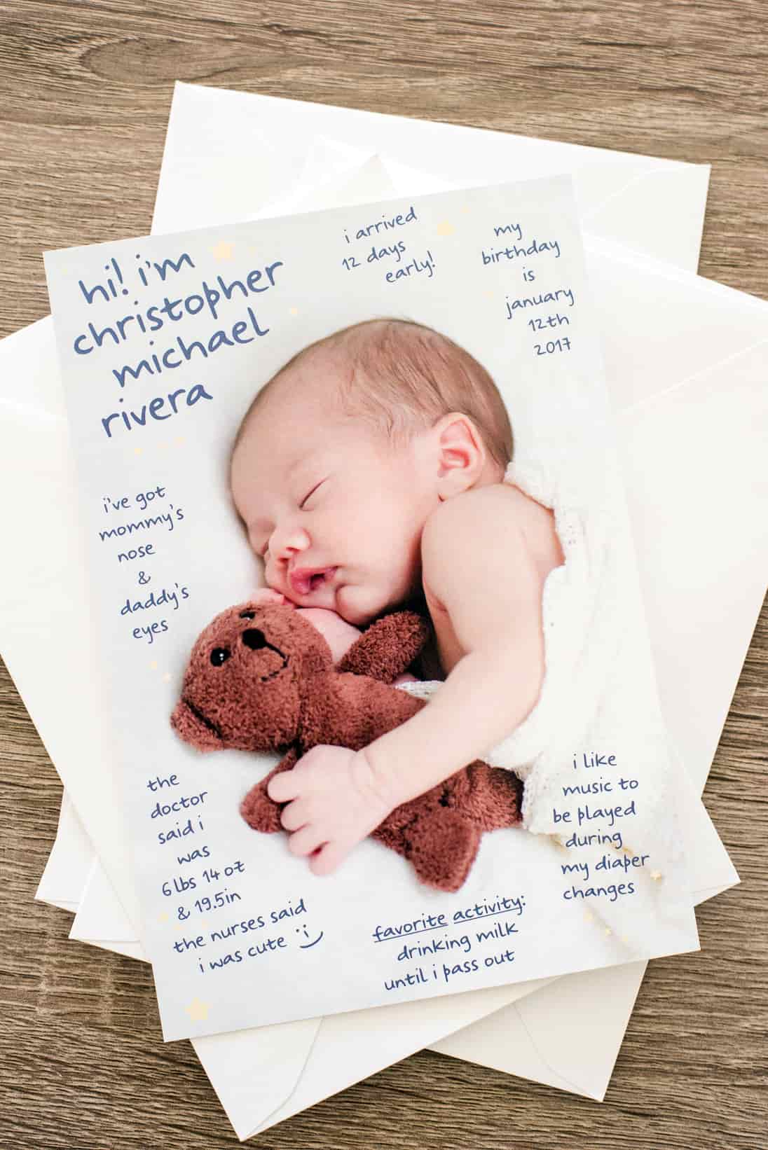 baby sleeping with teddy bear birth announcement