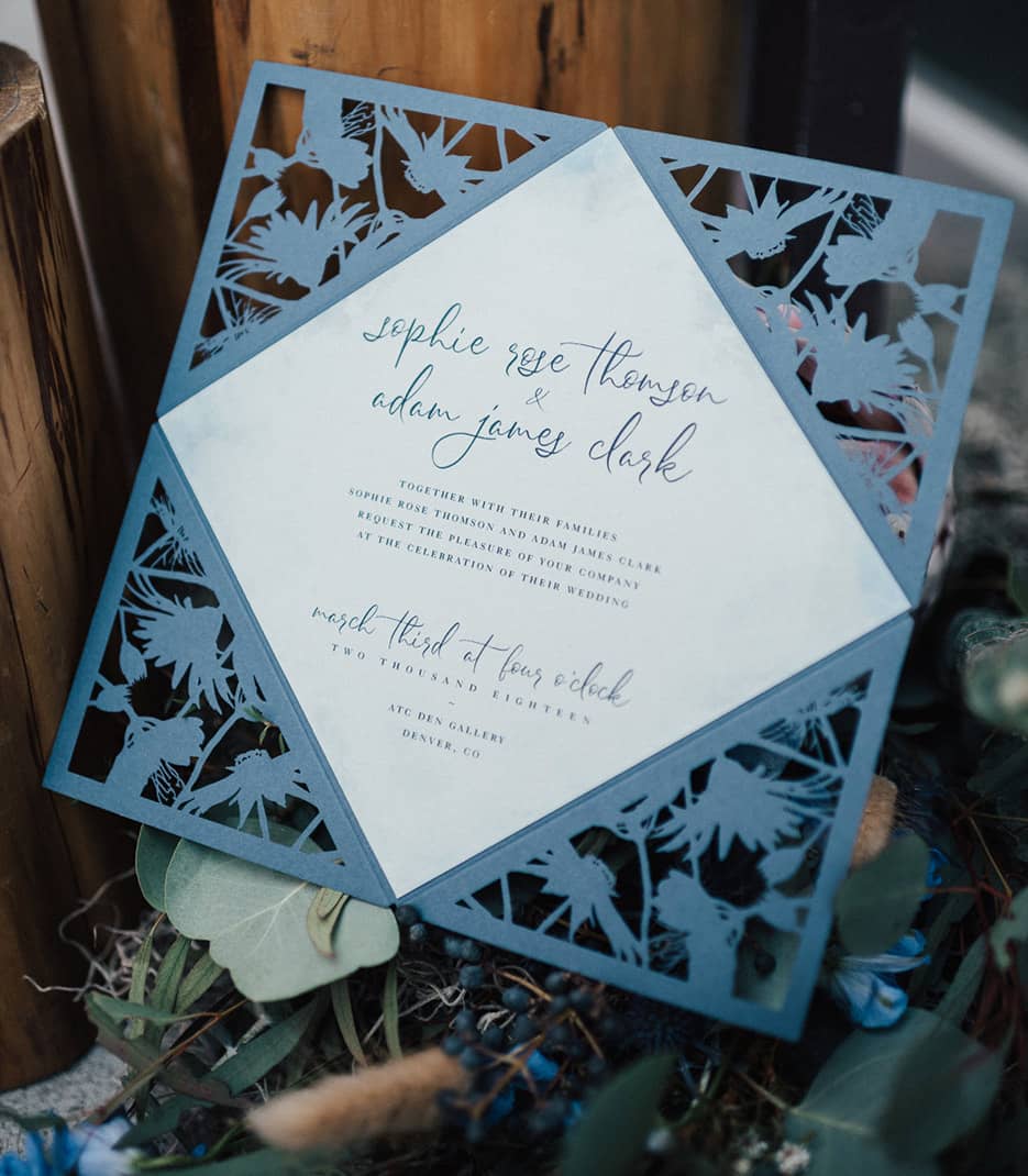 blue boho wedding invitation