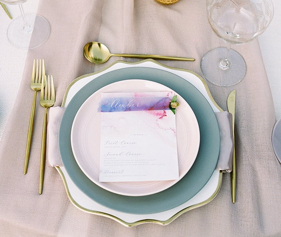 blue and pink water color wedding place setting