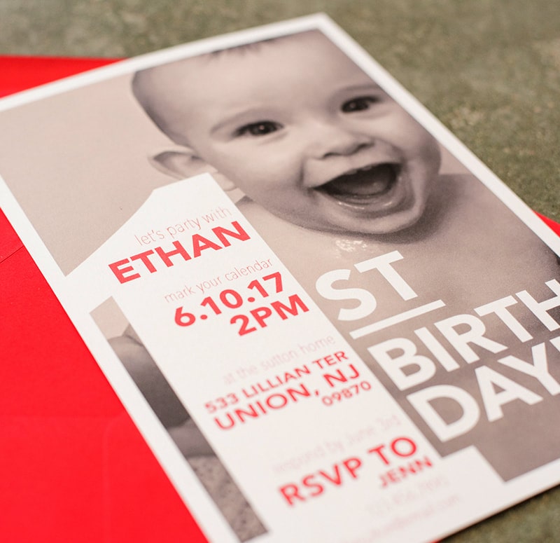 modern first birthday party invitation with baby