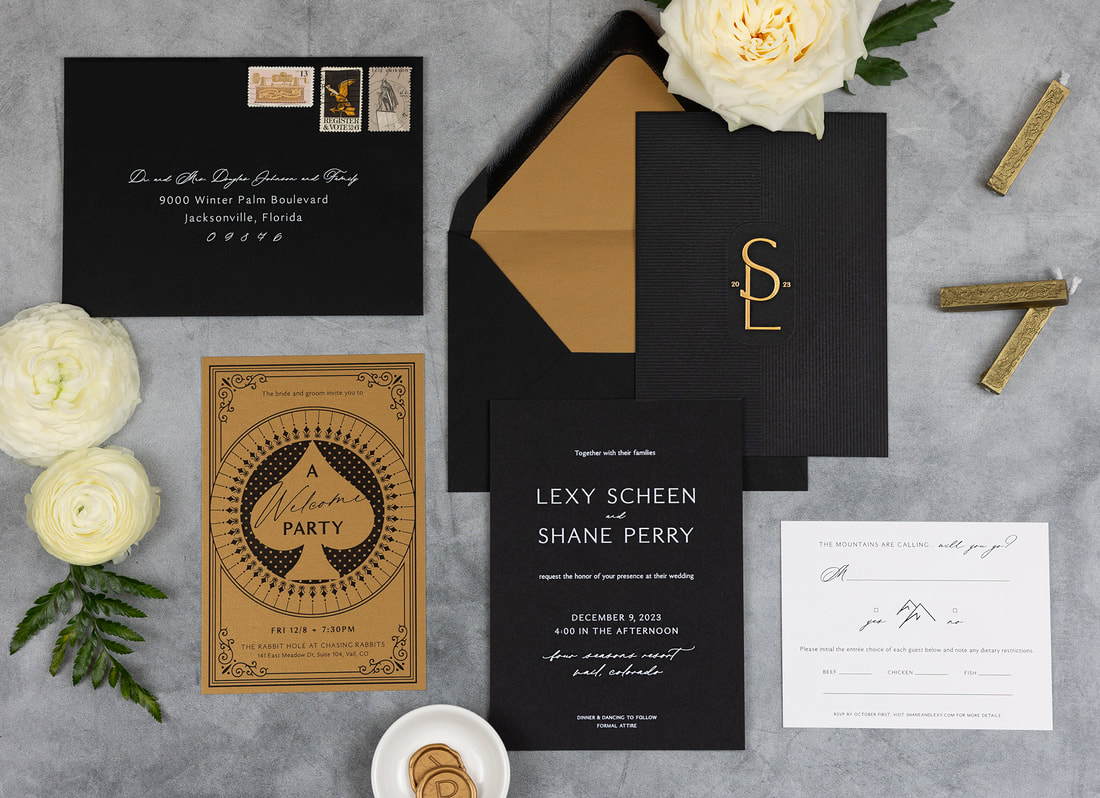 luxe black and gold wedding invitation suite